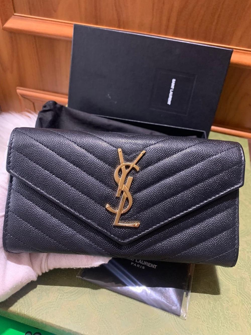 YSL CASSANDRE MATELASSÉ LARGE FLAP WALLET IN GRAIN DE POUDRE LEATHER